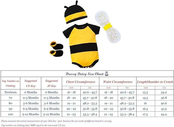 Dressy Daisy Newborn Infant Baby Honey Bee Onesie Romper Costume Bodysuit Set with Wings, Socks and Hat Size 0 to 12 Months 7