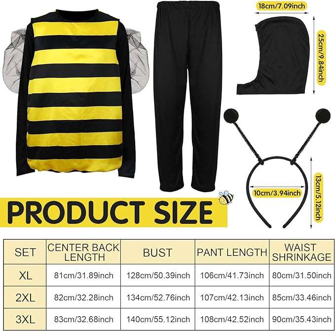 Haull 7 Pcs Adult Bee Costume Kit Men Bumble Bee Outfit Bee Glasses Headband Basket Accessories Funny Halloween Cosplay Party 2