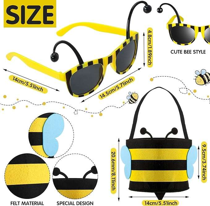 Haull 7 Pcs Adult Bee Costume Kit Men Bumble Bee Outfit Bee Glasses Headband Basket Accessories Funny Halloween Cosplay Party 3