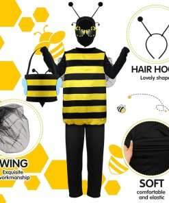Haull 7 Pcs Adult Bee Costume Kit Men Bumble Bee Outfit Bee Glasses Headband Basket Accessories Funny Halloween Cosplay Party 4