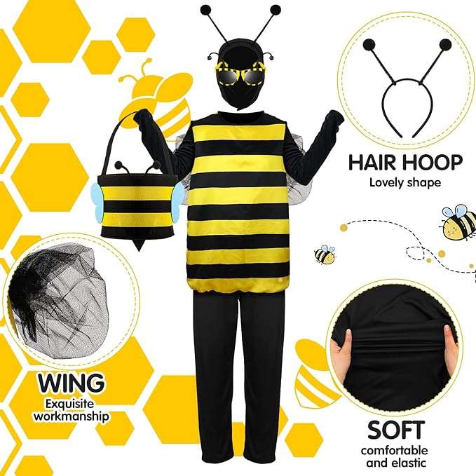 Haull 7 Pcs Adult Bee Costume Kit Men Bumble Bee Outfit Bee Glasses Headband Basket Accessories Funny Halloween Cosplay Party 4
