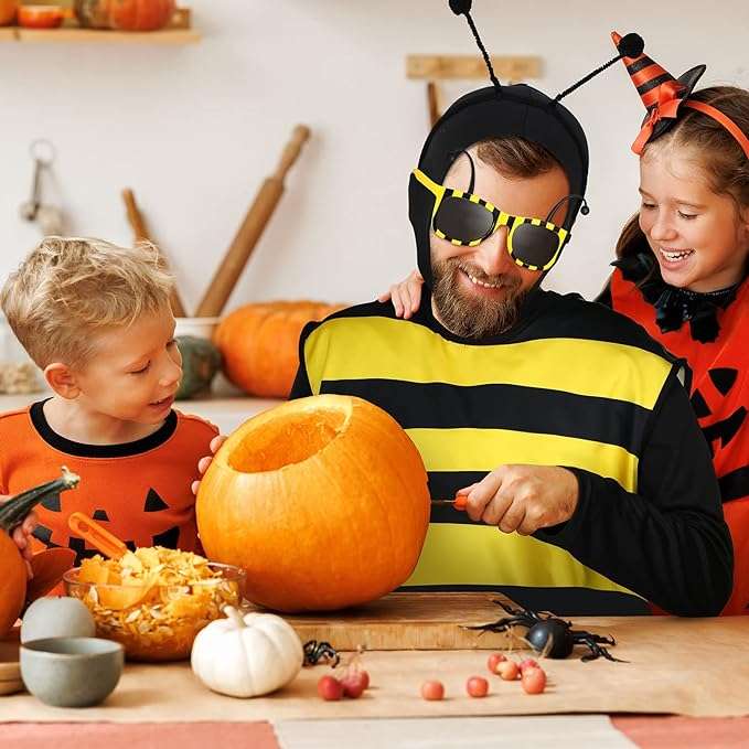 Haull 7 Pcs Adult Bee Costume Kit Men Bumble Bee Outfit Bee Glasses Headband Basket Accessories Funny Halloween Cosplay Party 5