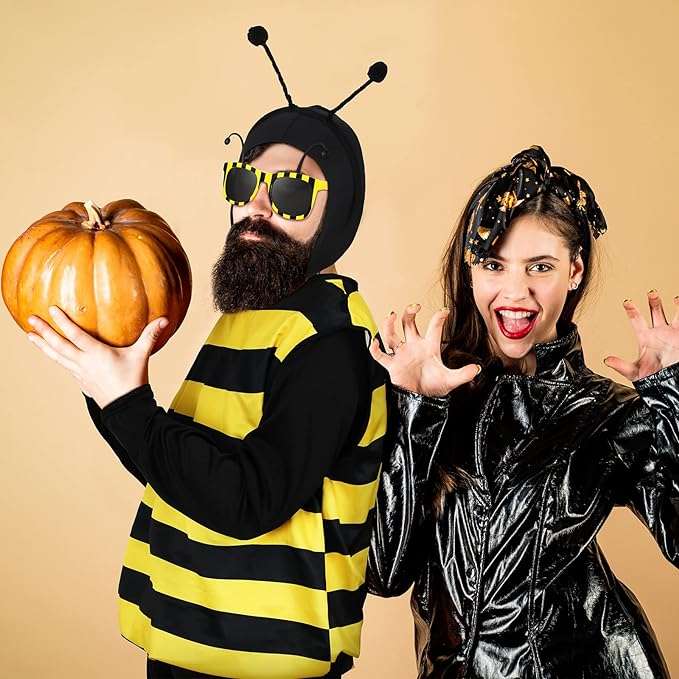 Haull 7 Pcs Adult Bee Costume Kit Men Bumble Bee Outfit Bee Glasses Headband Basket Accessories Funny Halloween Cosplay Party 6