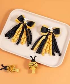 Bumble Bee Ribbon Hair Bow Clip Girls Cute Yellow Black Polkadot Honey Bee Alligator Pins Barrettes Kids Handmade Halloween - 2