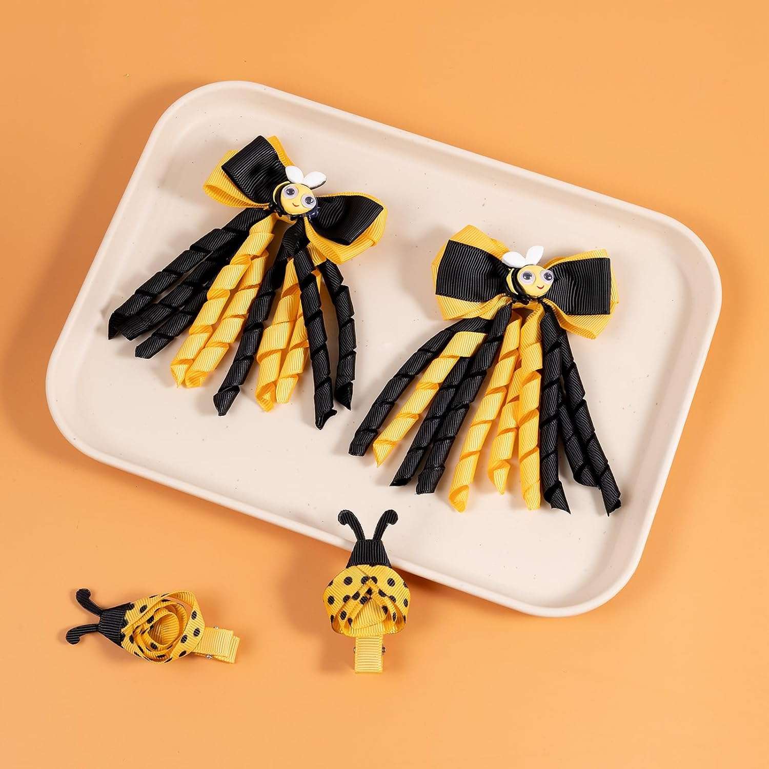 Bumble Bee Ribbon Hair Bow Clip Girls Cute Yellow Black Polkadot Honey Bee Alligator Pins Barrettes Kids Handmade Halloween - 2
