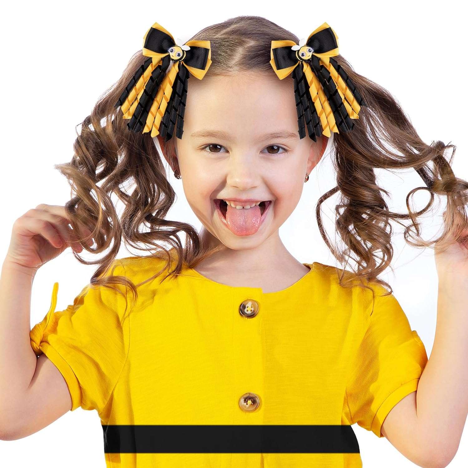 Bumble Bee Ribbon Hair Bow Clip Girls Cute Yellow Black Polkadot Honey Bee Alligator Pins Barrettes Kids Handmade Halloween - 3