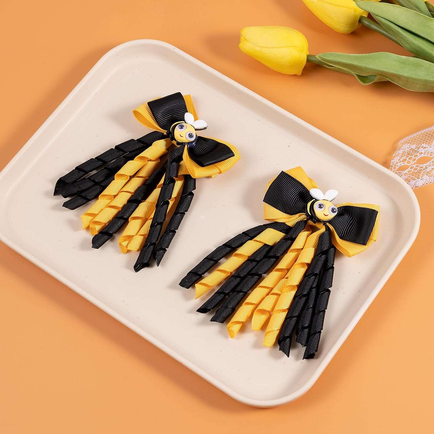 Bumble Bee Ribbon Hair Bow Clip Girls Cute Yellow Black Polkadot Honey Bee Alligator Pins Barrettes Kids Handmade Halloween - 6