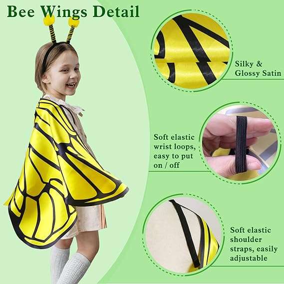 Creatoy Bee-Wings for Kids with Antenna Heaband Toddler Bee Dress Up Costumes for Pretend Play Girls Fairy Princess Bee Outfit - 6