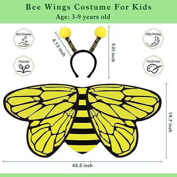 Creatoy Bee-Wings for Kids with Antenna Heaband Toddler Bee Dress Up Costumes for Pretend Play Girls Fairy Princess Bee Outfit - 7