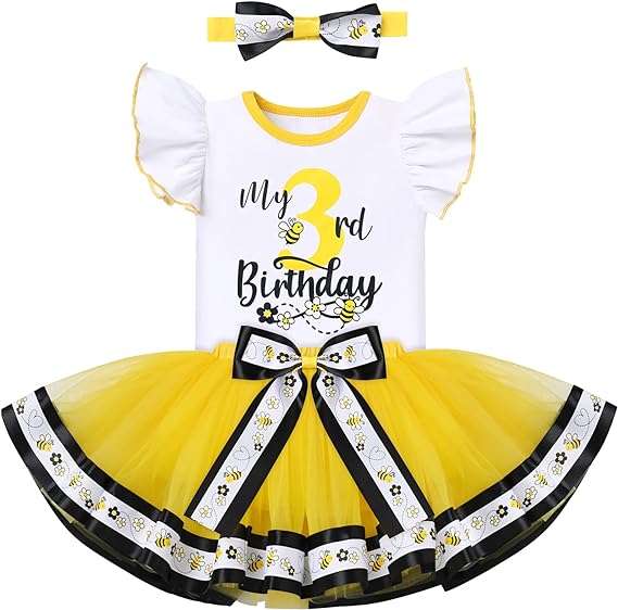 IBTOM CASTLE Baby Girls First Birthday Outfit Bee Romper Tutu Skirt Bowknot Headband Cake Smash Photoshoot Clothes - 1