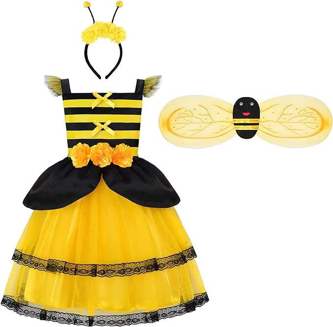 ReliBeauty Bumble Bee Costume Kids Bee Costume Toddler Fancy Dress with Bee Wings Halloween Party - 1