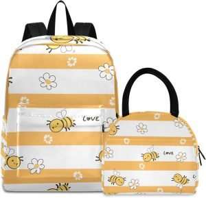 ZOEO Bees and Orange Stripe Kids Backpack Set Boys Girls Preschool Backpacks for School Bags Kindergarten BookBag Sets with Lunch Box - 1