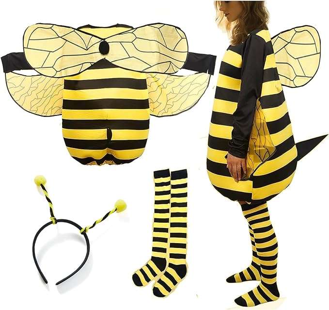 LABULADUO Bee Costume Adult Halloween Costume Women Bee Halloween Costumes with Wings Headband Leg Sleeves for Party Dress Up - 2