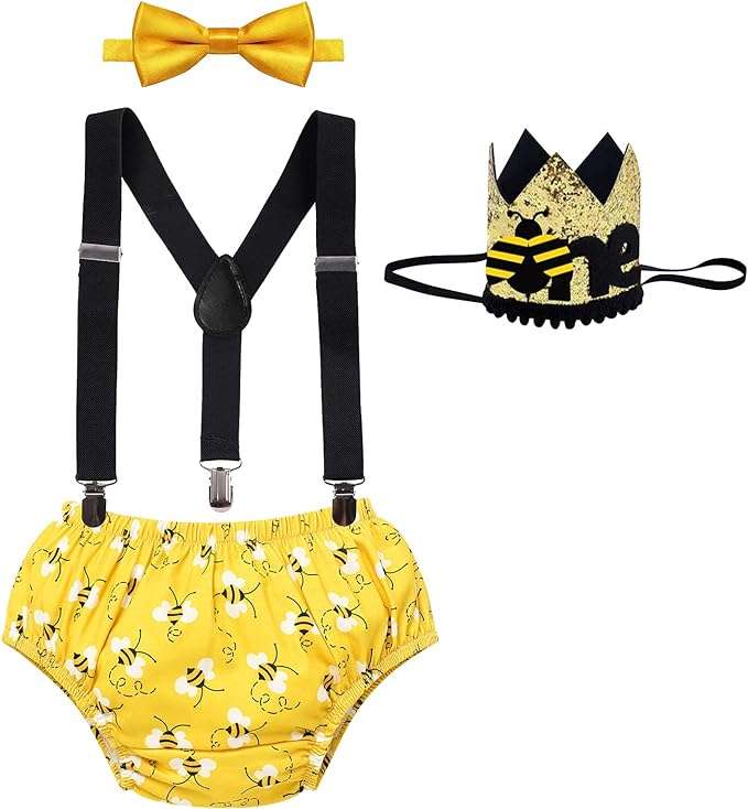 IBTOM CASTLE Baby Boy First Birthday Outfit Watermelon Cows Theme Pants+Y-Back Suspenders+Headband Bowtie Photo Props Costume - 1