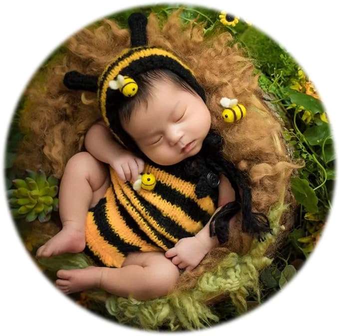 Zeroest Newborn Photography Props Bee Photoshoot Outfits Girl Boy Picture Outfit Baby Photo Knitted Bee Bonnet Romper - 2