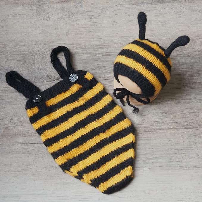 Zeroest Newborn Photography Props Bee Photoshoot Outfits Girl Boy Picture Outfit Baby Photo Knitted Bee Bonnet Romper - 3