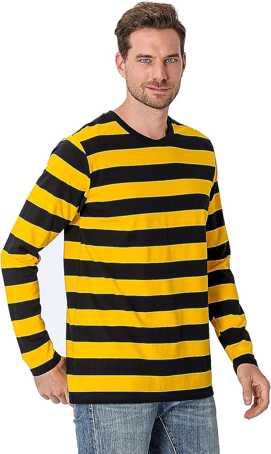 Funny World Men's Striped T-Shirt Crewneck Long Sleeves Basic Casual Top - 2