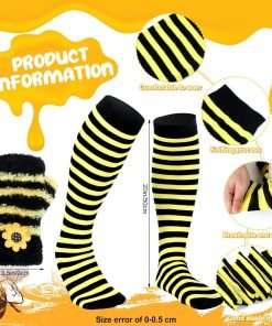 Patelai 4 Pcs Halloween Bee Costume Accessories Kit for Women Bee Antenna Headband Bee Sun Glasses Bee Striped Leg Warmers Knee Thigh High Stocking Long Gloves for Kids - 3