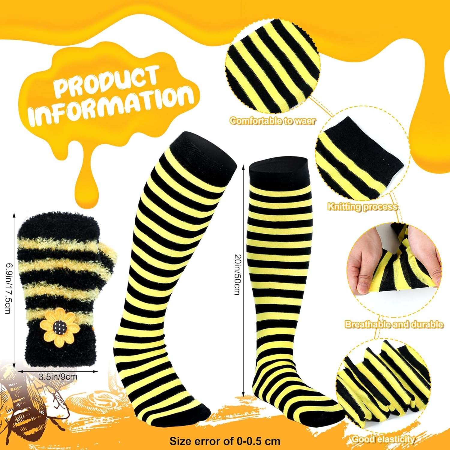 Patelai 4 Pcs Halloween Bee Costume Accessories Kit for Women Bee Antenna Headband Bee Sun Glasses Bee Striped Leg Warmers Knee Thigh High Stocking Long Gloves for Kids - 3