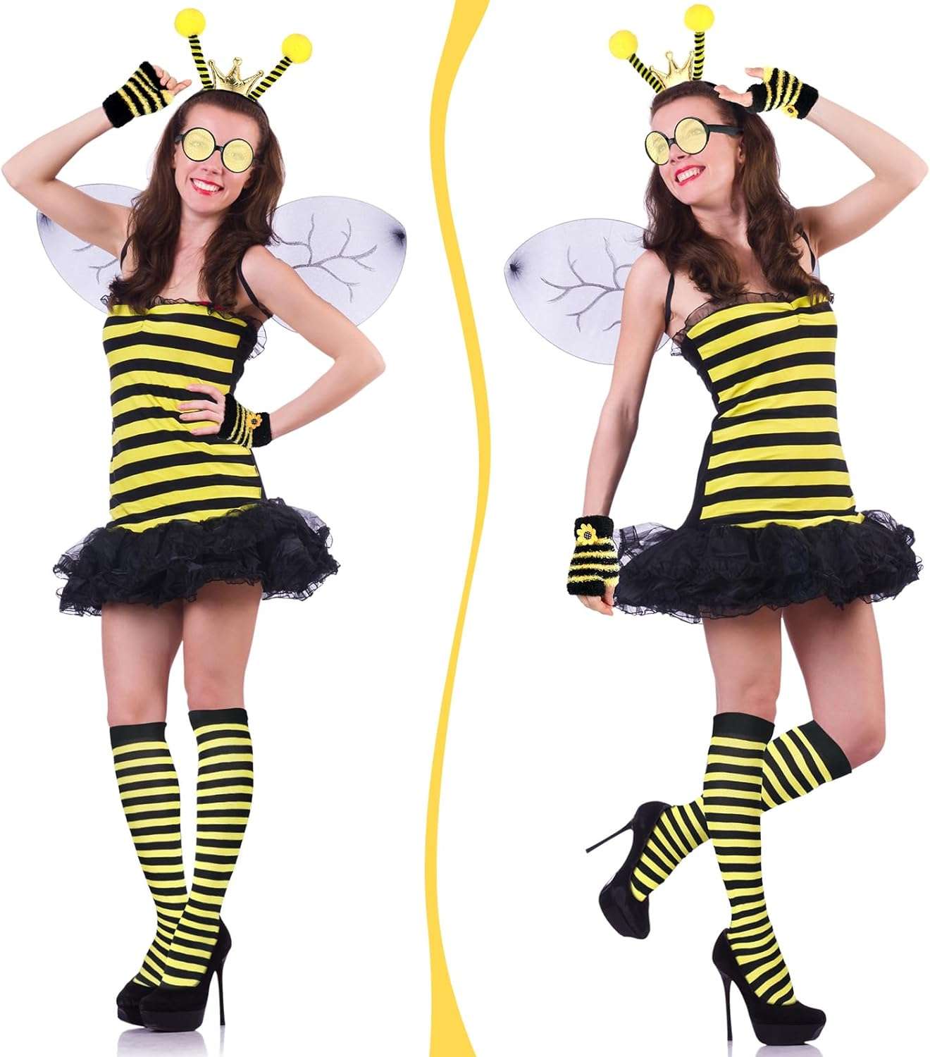 Patelai 4 Pcs Halloween Bee Costume Accessories Kit for Women Bee Antenna Headband Bee Sun Glasses Bee Striped Leg Warmers Knee Thigh High Stocking Long Gloves for Kids - 4