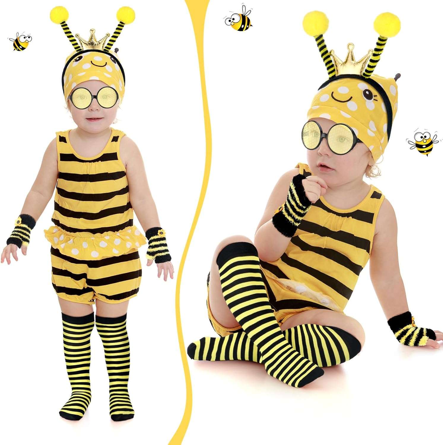 Patelai 4 Pcs Halloween Bee Costume Accessories Kit for Women Bee Antenna Headband Bee Sun Glasses Bee Striped Leg Warmers Knee Thigh High Stocking Long Gloves for Kids - 5