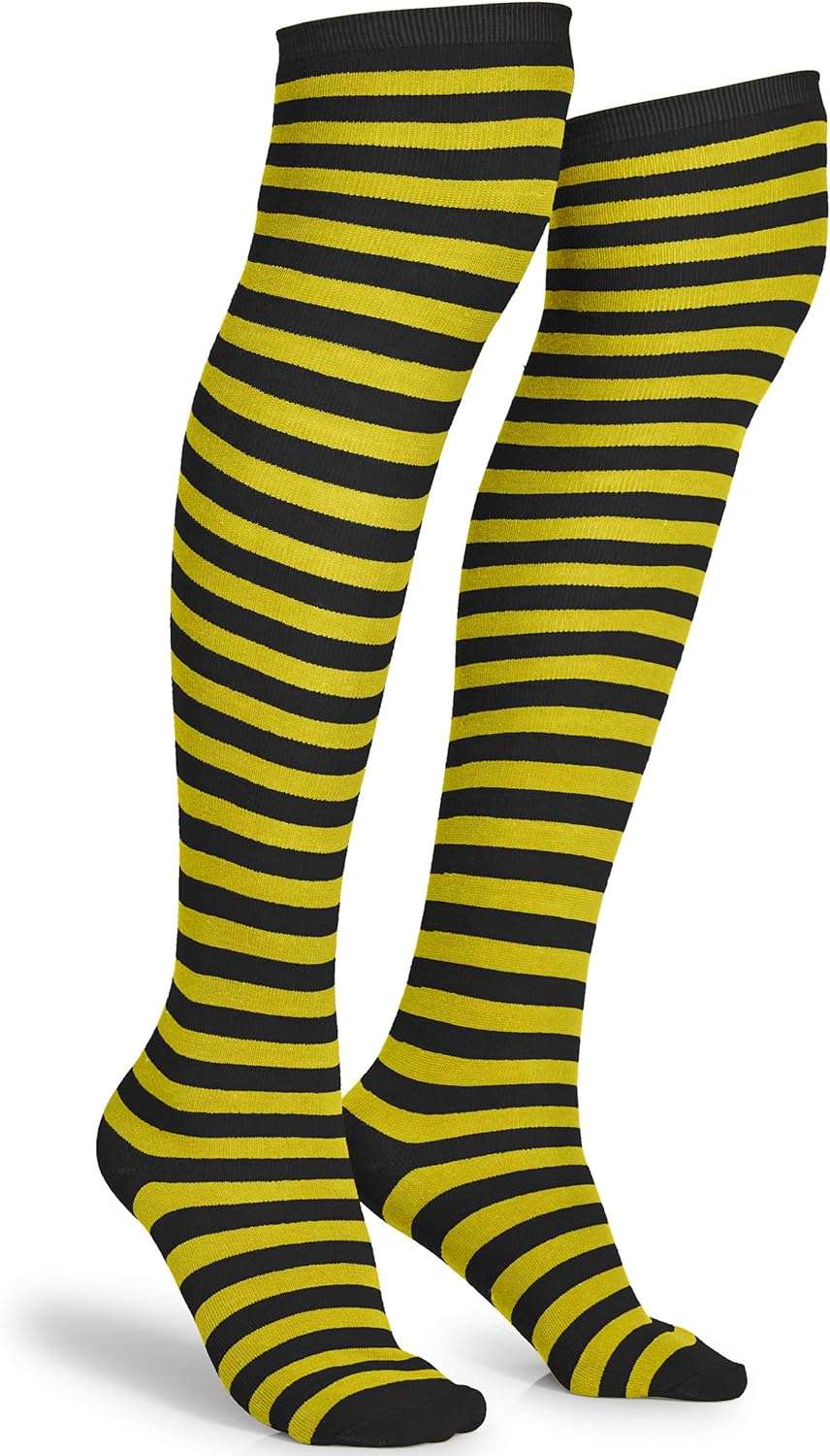 Skeleteen Black and Yellow Socks - Over the Knee Striped Thigh High Costume Accessories Bumble Bee Stockings for Women and Kids - 1