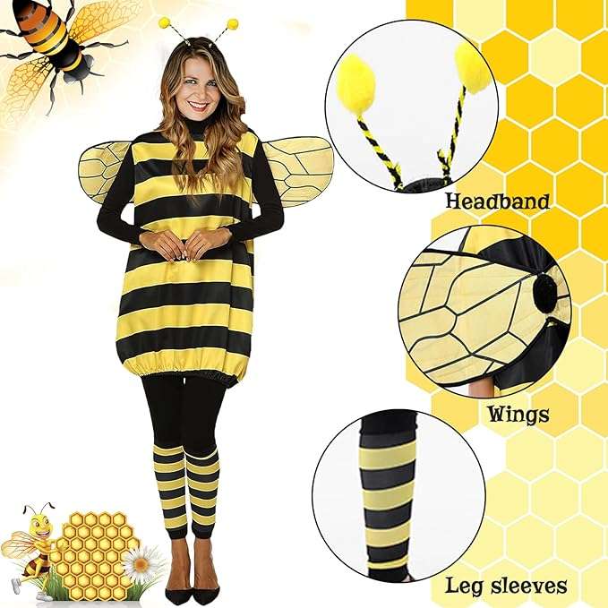 Bee Costume Adult Halloween Bee Costume with Headband Jacket Wings Leggings for Halloween Theme Party - 4