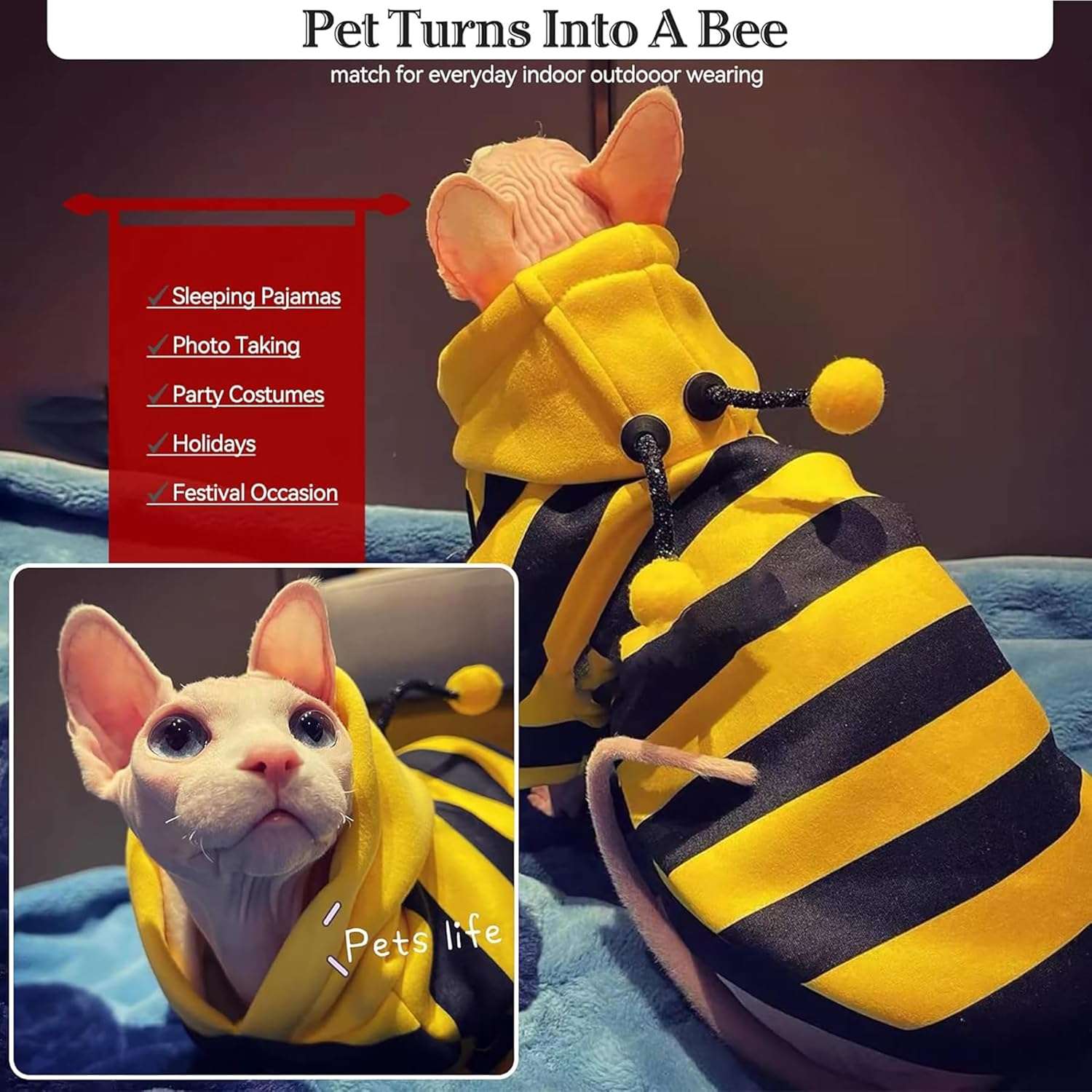 Dog Bee Costume Outfit Bumblebee Hoodie Cat Clothes Funny Dog Hooded Coat for Pet Small Medium Dogs Puppy Chihuahua Yorkie Halloween Party Cosplay, Black and Yellow - 2