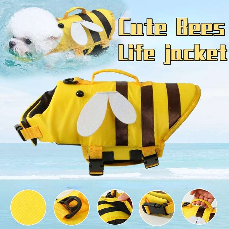 Dog Life Jacket Shark Life Vest with Rescue Handle Cute Bees Costume Girl Adjustable High Buoyancy Swimwear for Small Medium Large Dogs Boy Swimsuit Clothes for Pets - 2