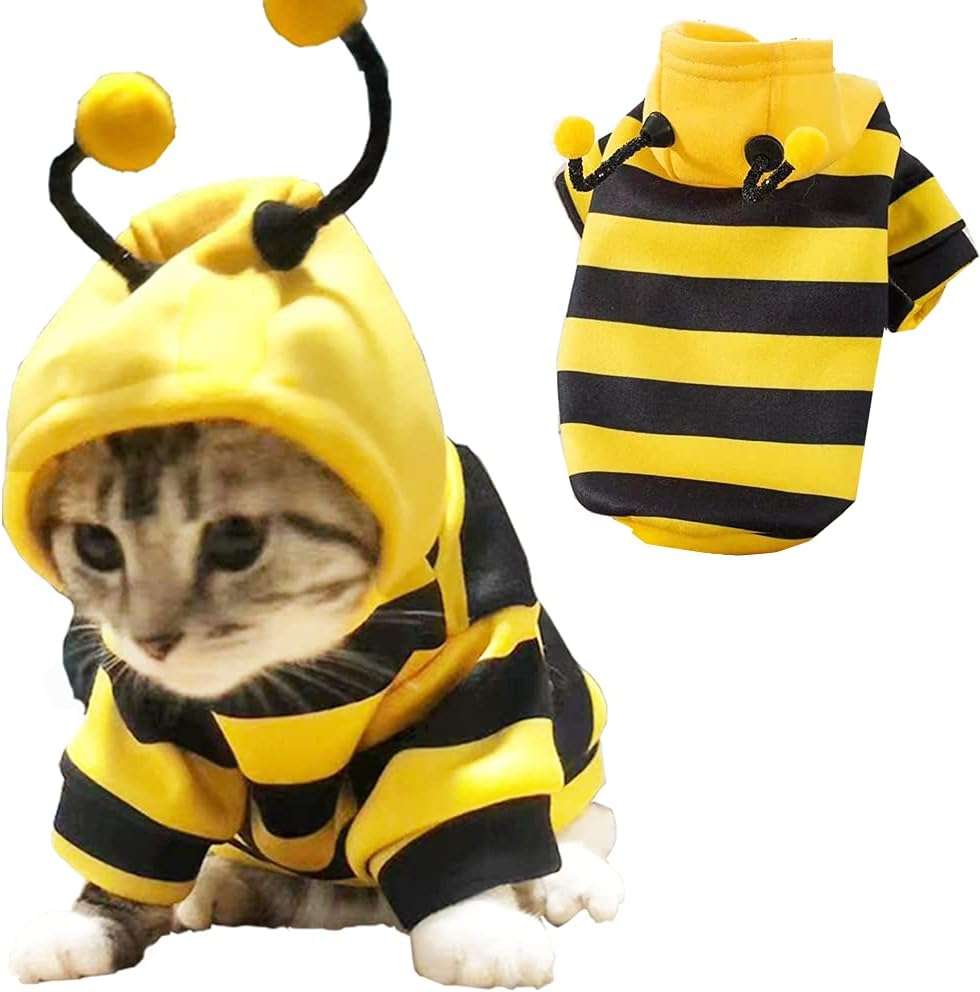 Funny Dog Hoodies Sweatshirt Holiday Cat Sweater Warm Dog Clothes for Small Dog Yellow Cat Outfit Puppy Hooded Coat Pet Bee Costume for Halloween Christmas - 2