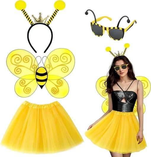 Bee Costume Accessories, Bee Costume Adult Women with Bee Wings Antenna Headband Bee Galsses Yellow Tutu for Girls - 1
