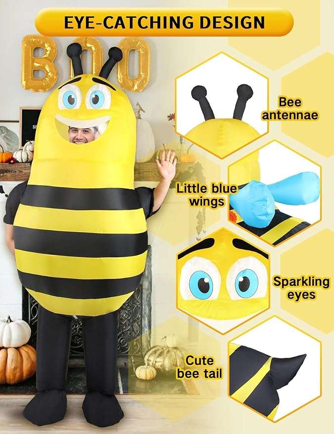Inflatable Bee Costume Adult Men Women Outfit Unisex Onesie Full Body Bumble Bee Funny Costumes Fancy Dress Blow Up Suit for Halloween Holiday Cosplay Parties Animal - 3