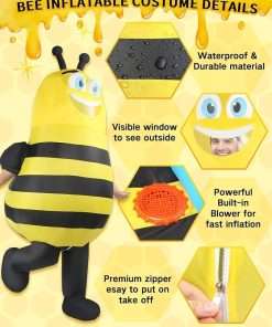 Inflatable Bee Costume Adult Men Women Outfit Unisex Onesie Full Body Bumble Bee Funny Costumes Fancy Dress Blow Up Suit for Halloween Holiday Cosplay Parties Animal - 4