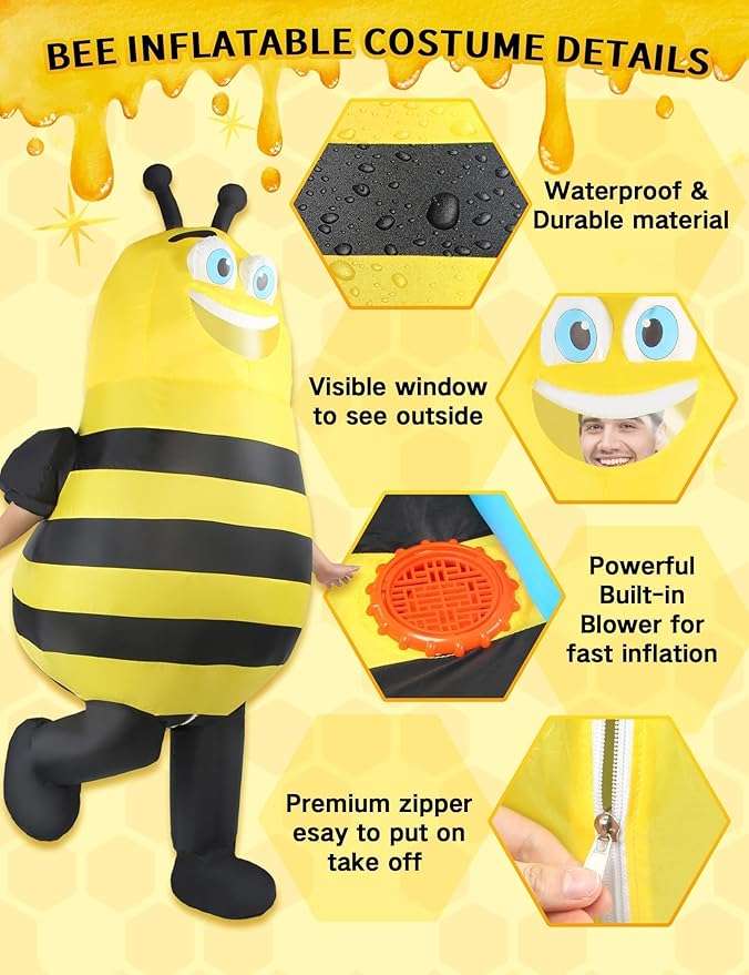 Inflatable Bee Costume Adult Men Women Outfit Unisex Onesie Full Body Bumble Bee Funny Costumes Fancy Dress Blow Up Suit for Halloween Holiday Cosplay Parties Animal - 4