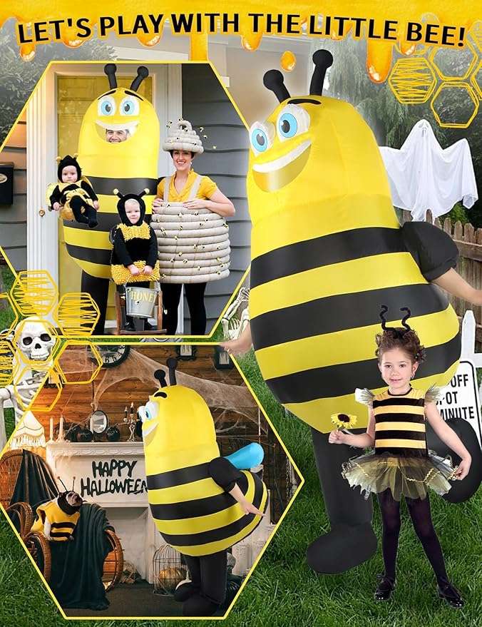 Inflatable Bee Costume Adult Men Women Outfit Unisex Onesie Full Body Bumble Bee Funny Costumes Fancy Dress Blow Up Suit for Halloween Holiday Cosplay Parties Animal - 5