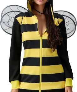 Vohawsa Halloween Queen Bees Costume for Women Stripe Hooded Top with Wing Halloween Fancy Dress Up Clothes - 1