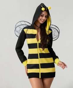Vohawsa Halloween Queen Bees Costume for Women Stripe Hooded Top with Wing Halloween Fancy Dress Up Clothes - 2