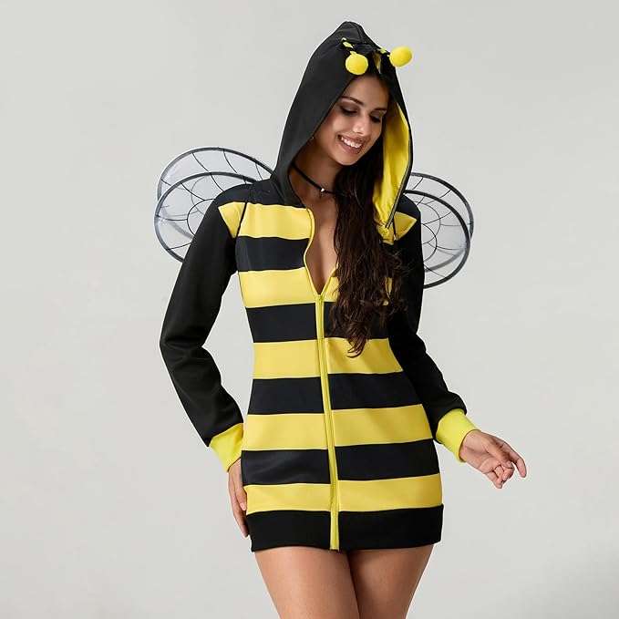 Vohawsa Halloween Queen Bees Costume for Women Stripe Hooded Top with Wing Halloween Fancy Dress Up Clothes - 2