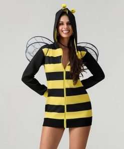 Vohawsa Halloween Queen Bees Costume for Women Stripe Hooded Top with Wing Halloween Fancy Dress Up Clothes - 3