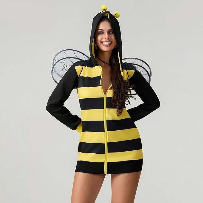 Vohawsa Halloween Queen Bees Costume for Women Stripe Hooded Top with Wing Halloween Fancy Dress Up Clothes - 3