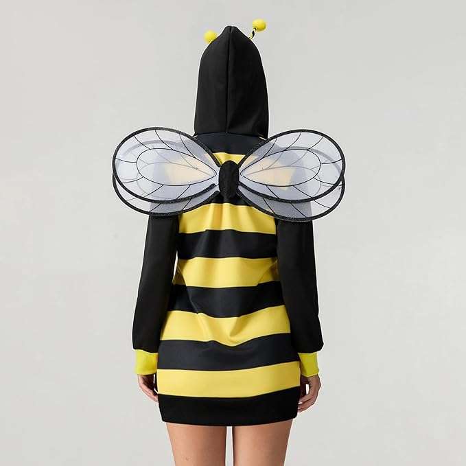 Vohawsa Halloween Queen Bees Costume for Women Stripe Hooded Top with Wing Halloween Fancy Dress Up Clothes - 4