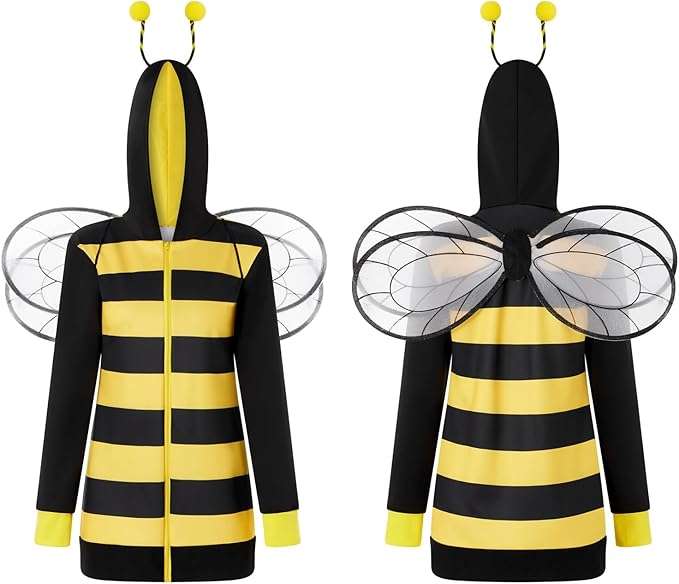 Vohawsa Halloween Queen Bees Costume for Women Stripe Hooded Top with Wing Halloween Fancy Dress Up Clothes - 6