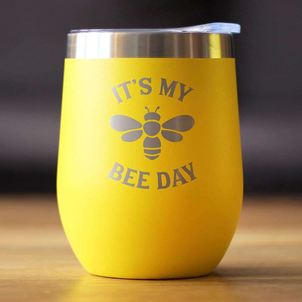 Bee Day - Funny Birthday Wine Tumbler Glass with Sliding Lid - Stainless Steel Insulated Mug - Bumblebee Bday Party Décor - Yellow - 2