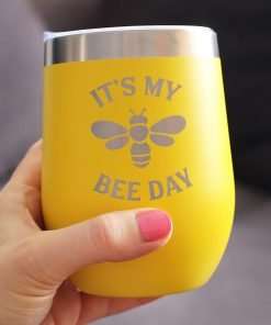 Bee Day - Funny Birthday Wine Tumbler Glass with Sliding Lid - Stainless Steel Insulated Mug - Bumblebee Bday Party Décor - Yellow - 3