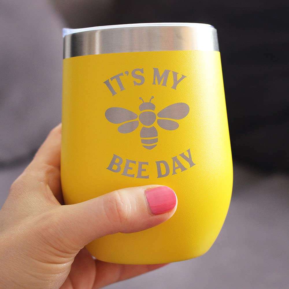 Bee Day - Funny Birthday Wine Tumbler Glass with Sliding Lid - Stainless Steel Insulated Mug - Bumblebee Bday Party Décor - Yellow - 3