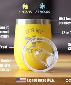 Bee Day - Funny Birthday Wine Tumbler Glass with Sliding Lid - Stainless Steel Insulated Mug - Bumblebee Bday Party Décor - Yellow - 4
