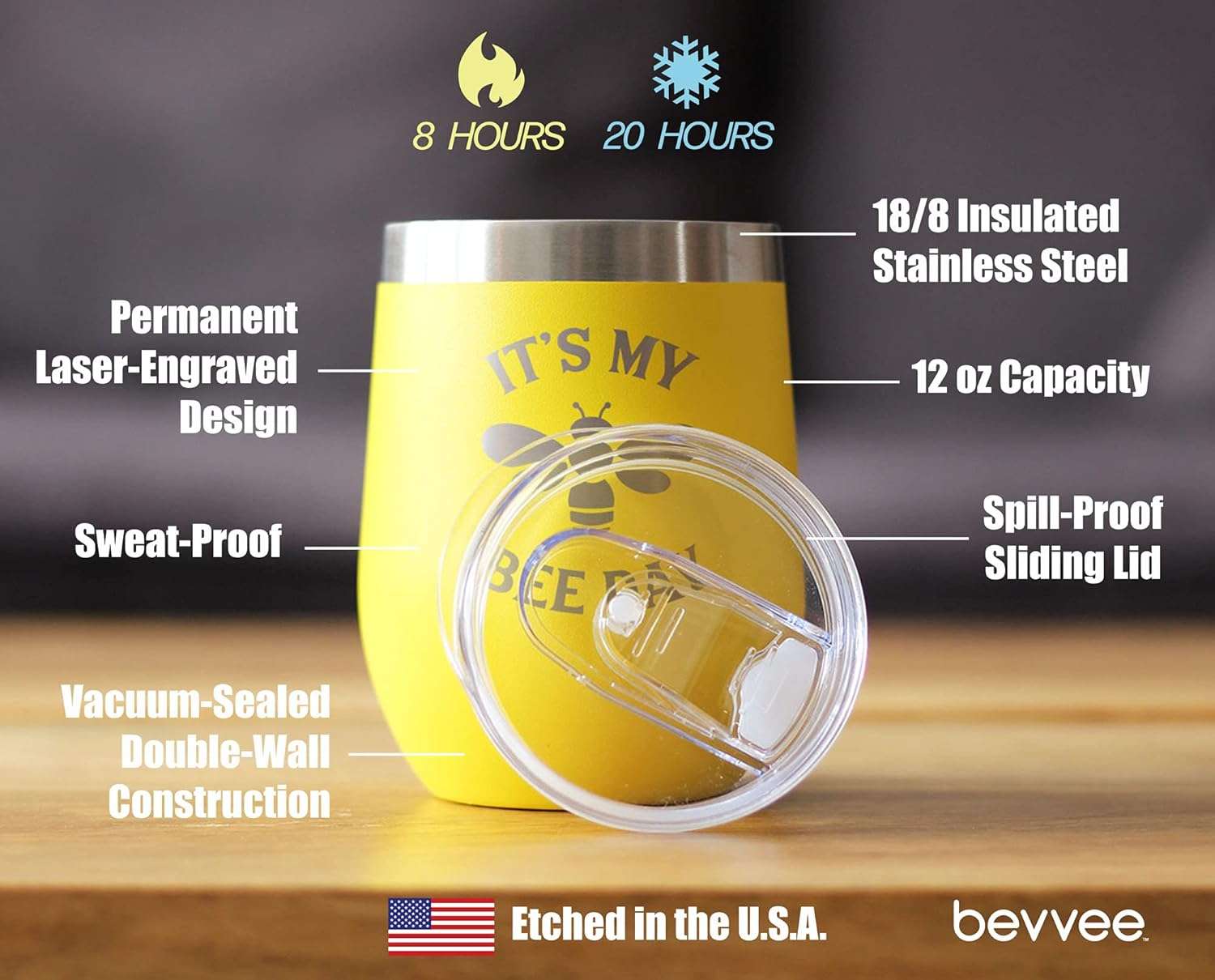 Bee Day - Funny Birthday Wine Tumbler Glass with Sliding Lid - Stainless Steel Insulated Mug - Bumblebee Bday Party Décor - Yellow - 4