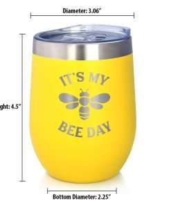 Bee Day - Funny Birthday Wine Tumbler Glass with Sliding Lid - Stainless Steel Insulated Mug - Bumblebee Bday Party Décor - Yellow - 5