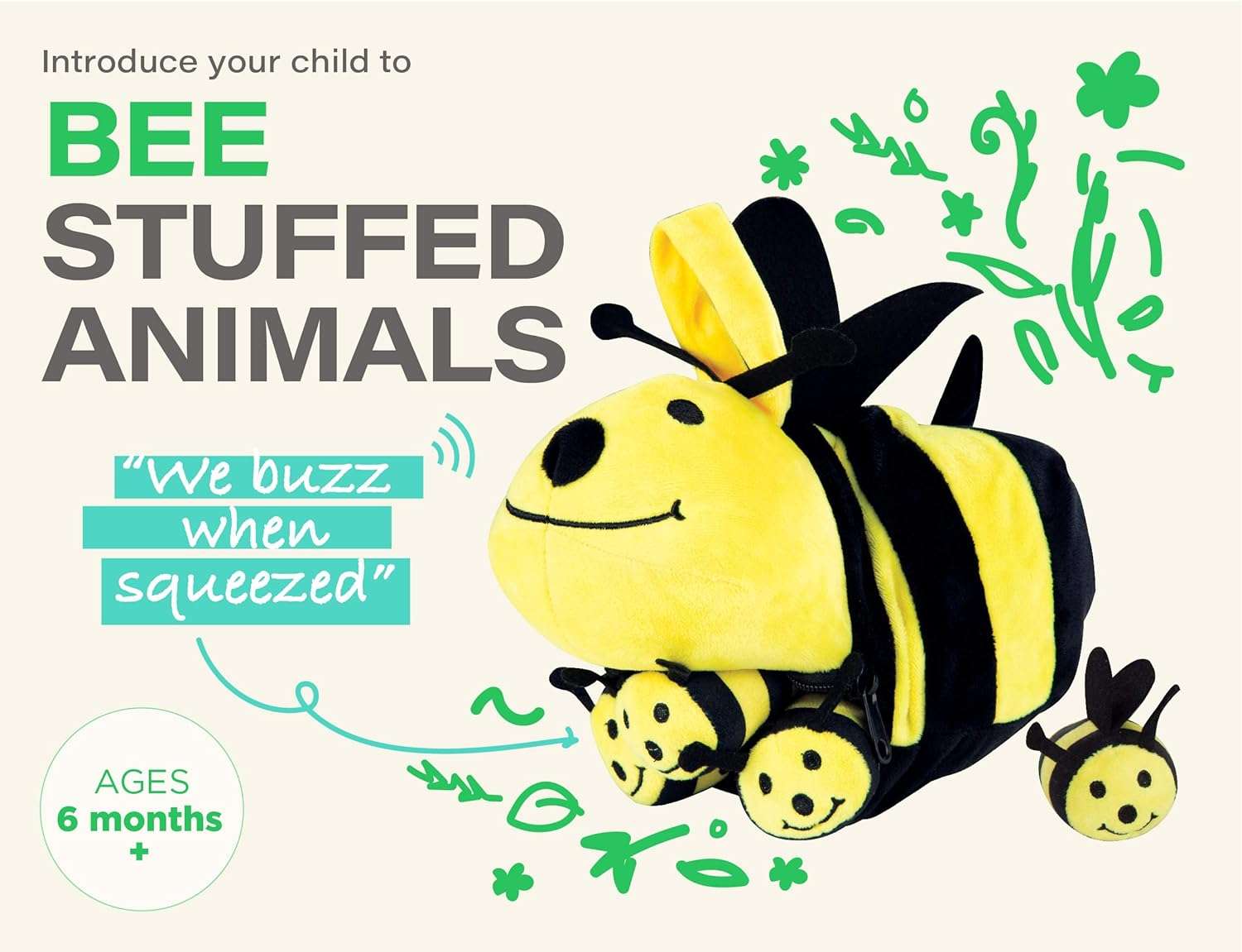 Etna Plush Buzzing Bees Toy - Cute Soft Mommy Bee Carrier Holds 4 Baby Bee Dolls, Squeeze Activated Sounds - 2
