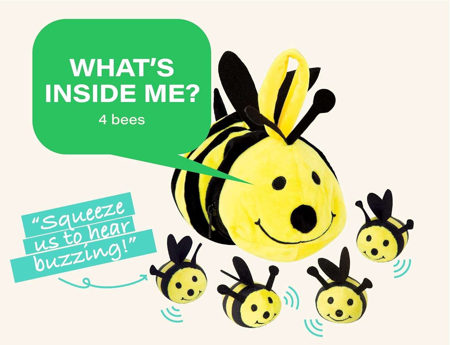 Etna Plush Buzzing Bees Toy - Cute Soft Mommy Bee Carrier Holds 4 Baby Bee Dolls, Squeeze Activated Sounds - 3